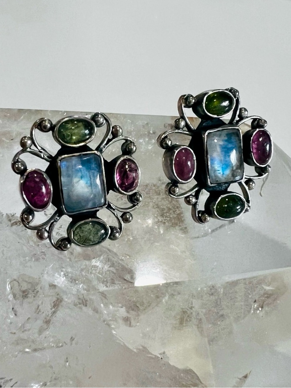 Vintage ADI 925 Sterling Silver Moonstone Pink & Green Tourmaline Earrings India